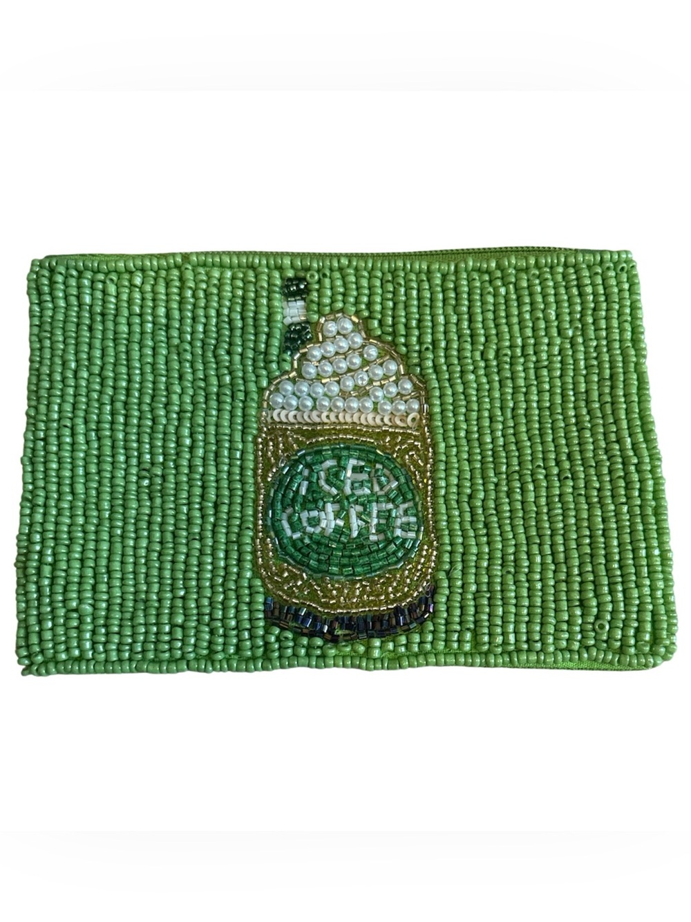 Hand Beaded Green Coffee Coin Pouch